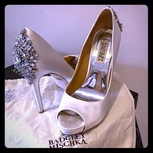 Ivory Satin Badgley Mischka Peep-Toe Evening Pumps